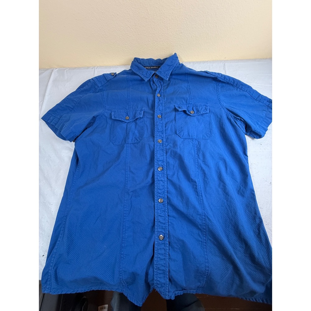 Rock & Republic Mens Large Blue Short Sleeve Button Down Military Shirt Cotton